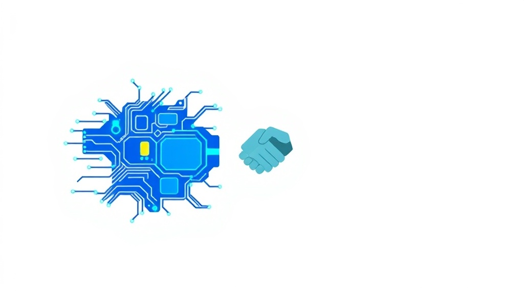 AI回路基板と握手のアイコンによるAI広告と人間の協働関係を表現したイラスト