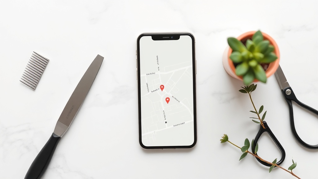 地図アプリを表示するスマートフォンと美容室の道具（コーム、ハサミ）が配置された白いテーブル