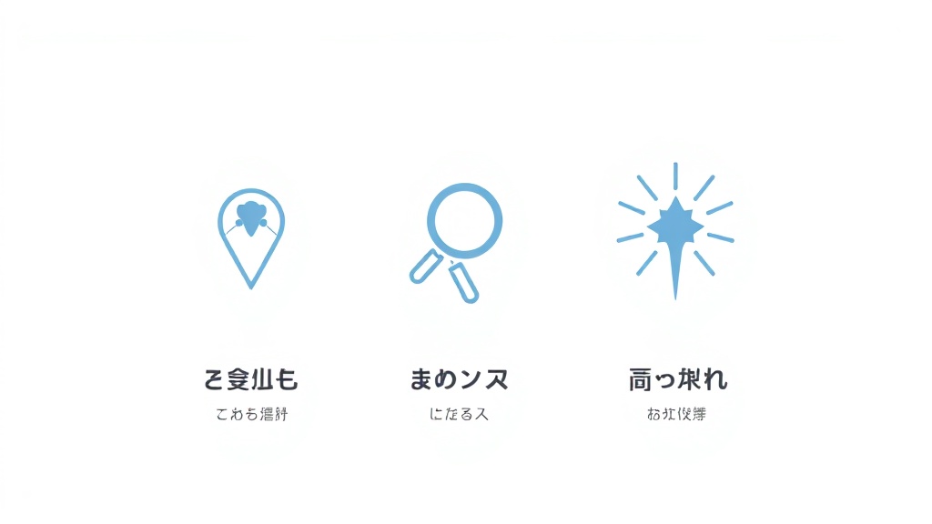 Googleマップ順位決定要素の図解：近接性（位置情報アイコン）、関連性（検索アイコン）、知名度（星アイコン）