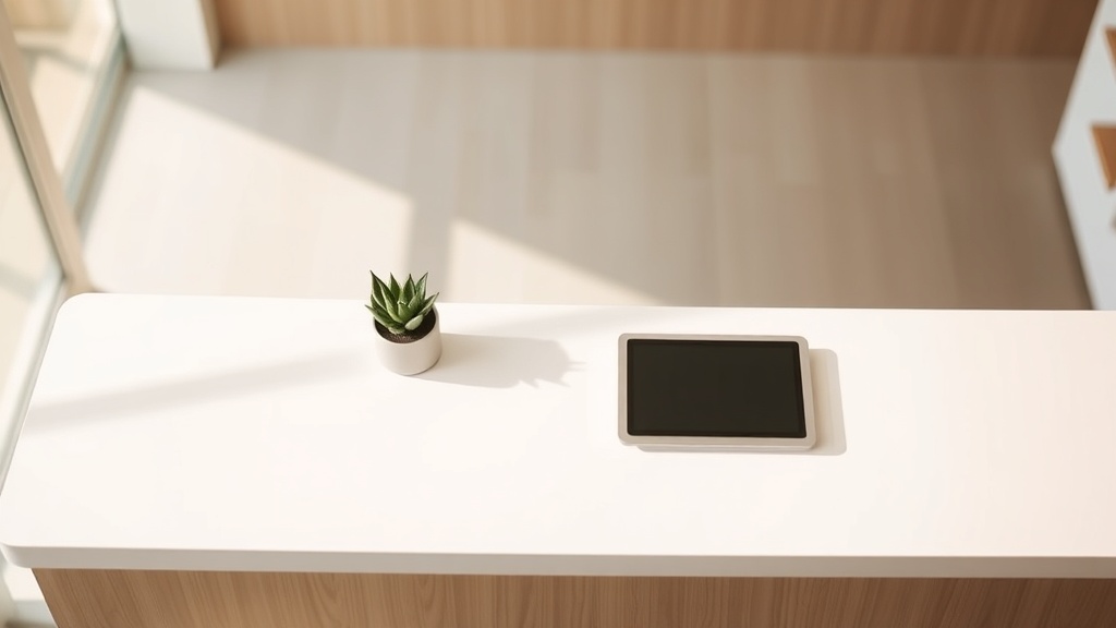 清潔感のあるサロン受付デスクに置かれた観葉植物とタブレット端末