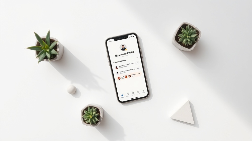 スマートフォンに表示されたGoogleビジネスプロフィール画面と観葉植物が配置された白い背景