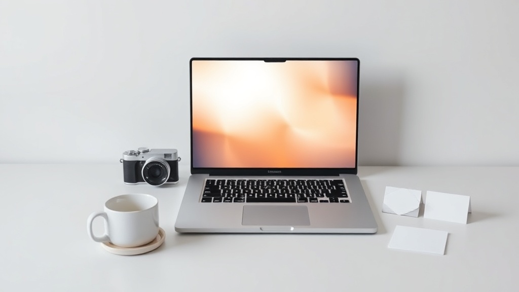 ノートパソコンとカメラ、コーヒーカップが配置されたミニマルなデスク環境でGBP投稿作成をイメージ