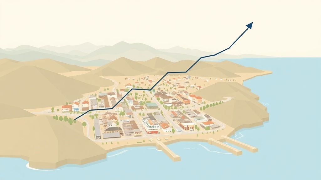 地方都市の成長を表す上昇グラフが重ねられた、山と海に囲まれた小さな町の俯瞰イラスト