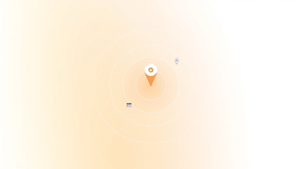 地域ターゲティングを表す同心円状のマップ視覚化、中心から外側に広がるターゲットエリア