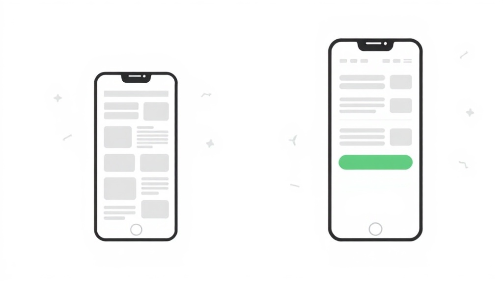 ランディングページ改善前後の比較。左は整理されていないレイアウト、右は最適化された緑のCTAボタンがあるスマホ画面