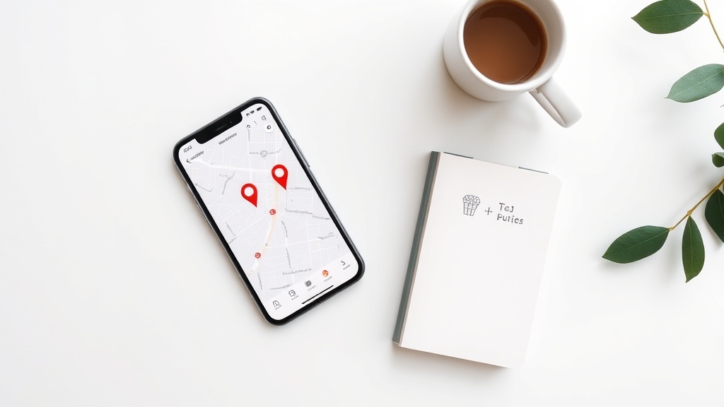 スマートフォンに地図アプリと位置情報ピンが表示され、ノートとコーヒーカップが並ぶデスクトップの俯瞰写真