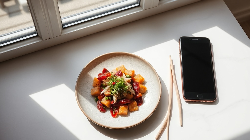 飲食店のSNS集客を表現した画像：美しく盛り付けられた料理とスマートフォンが並んだテーブル