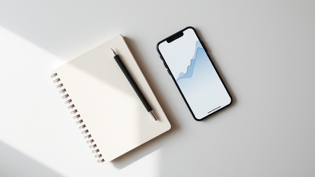 Google広告の予算設定を表すノート、ペン、グラフ表示のスマートフォンが配置されたミニマルなデスク